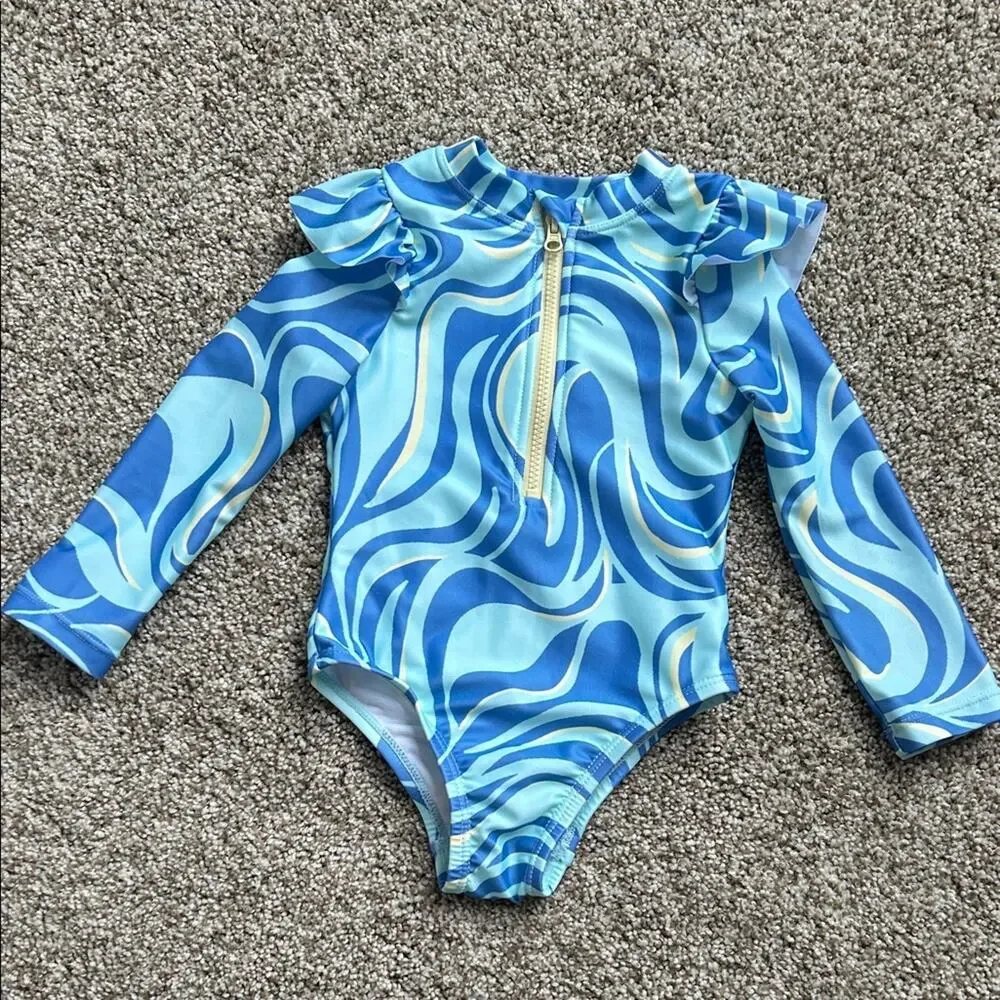 Wonder Nation Long Sleeve Blue/Turq Ruffle One Piece Swimsuit, 12 Months